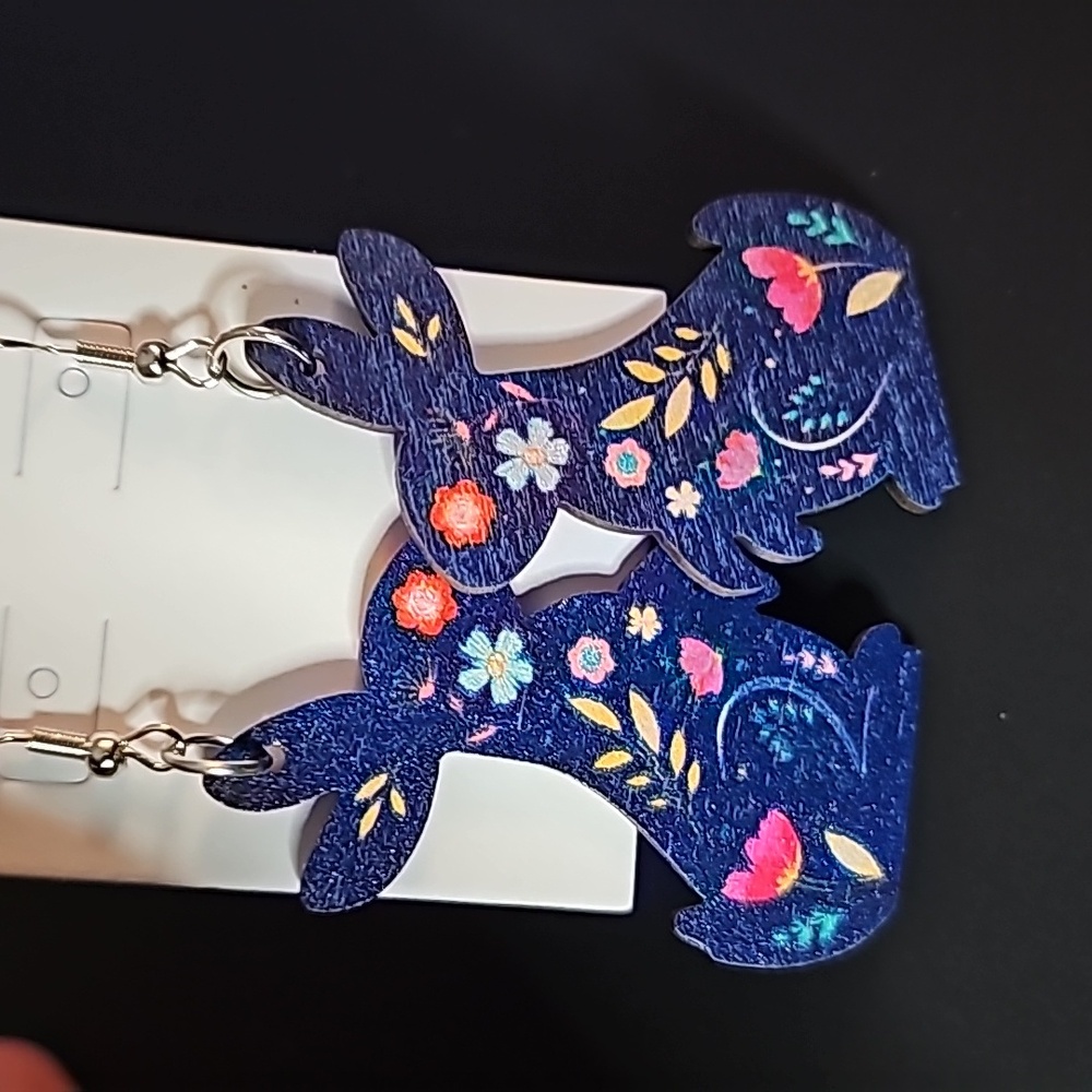 Earrings bunny light wood painted blue with flowers